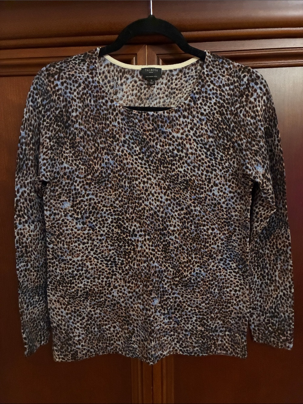 Talbots Womens  Blue and Brown Leopard-Print Crewneck Sweater